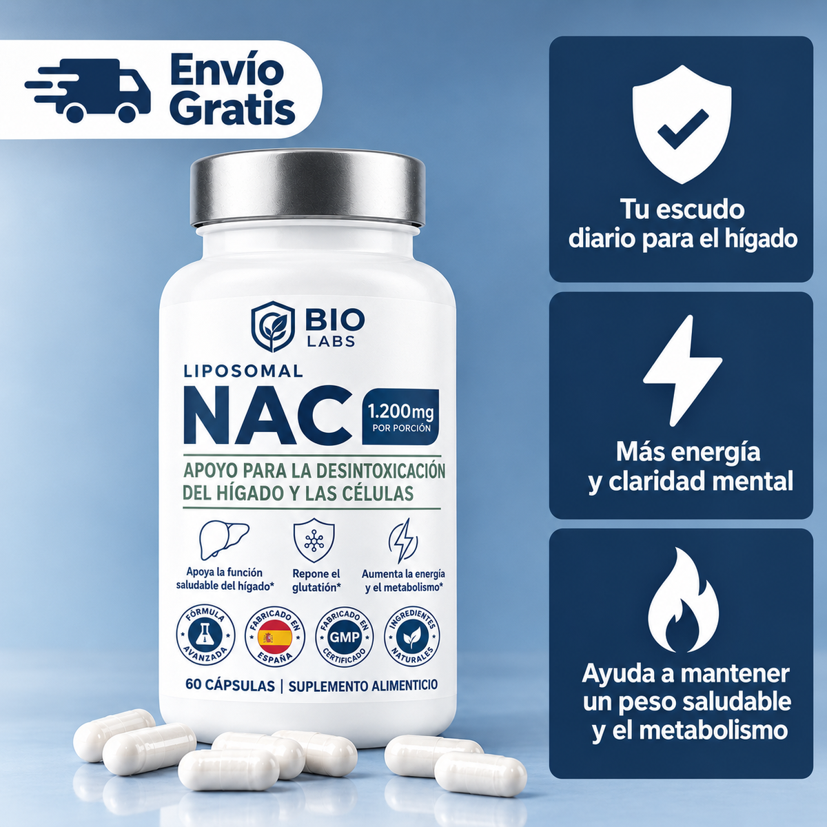 NAC Liposomal: apoyo para la desintoxicación del hígado y las células.